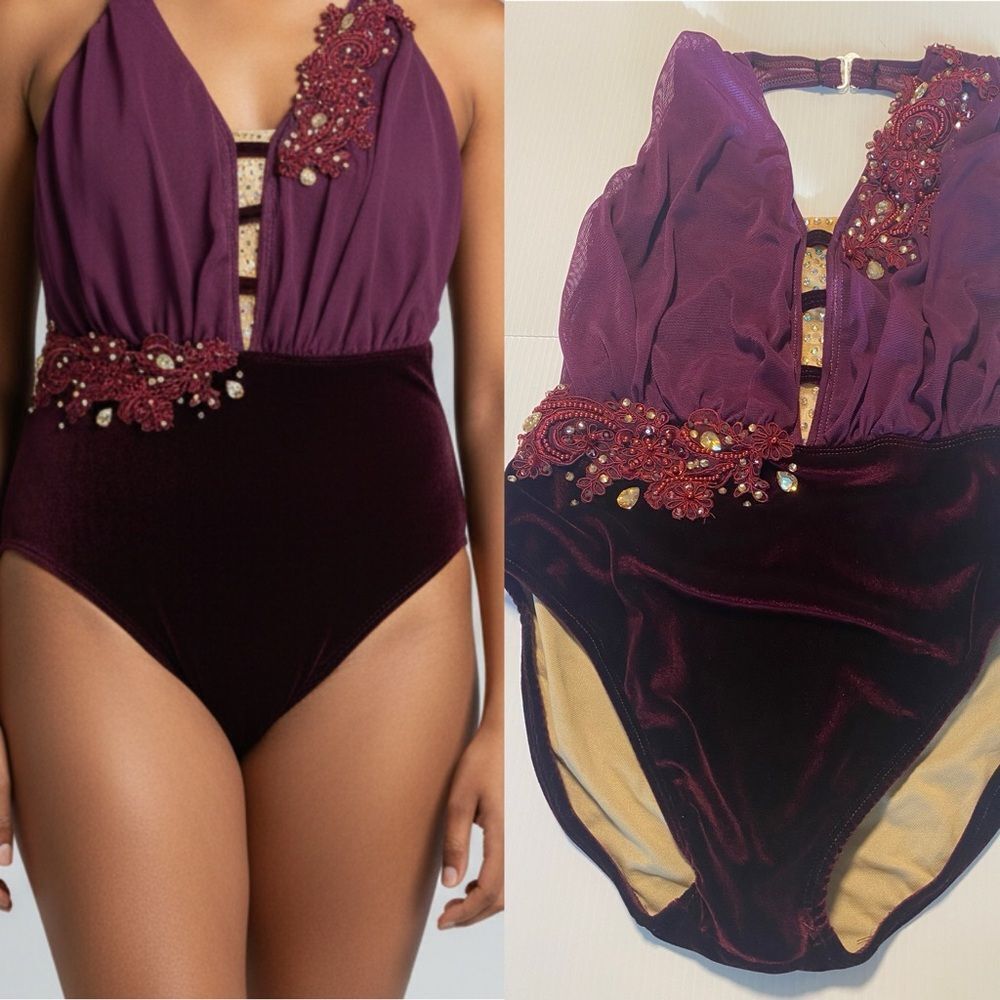 SoKali custom solo rhinestoned Dance Costume Leotard burgundy velvet SA adult